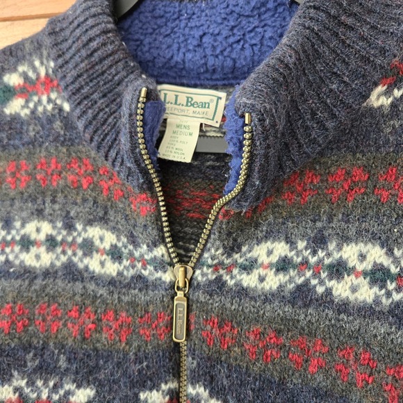 Vintage L.L. Bean Mens Pullover Fleece Aztec Wool Sz M Blue Relaxed Heavyweight - Picture 2 of 7